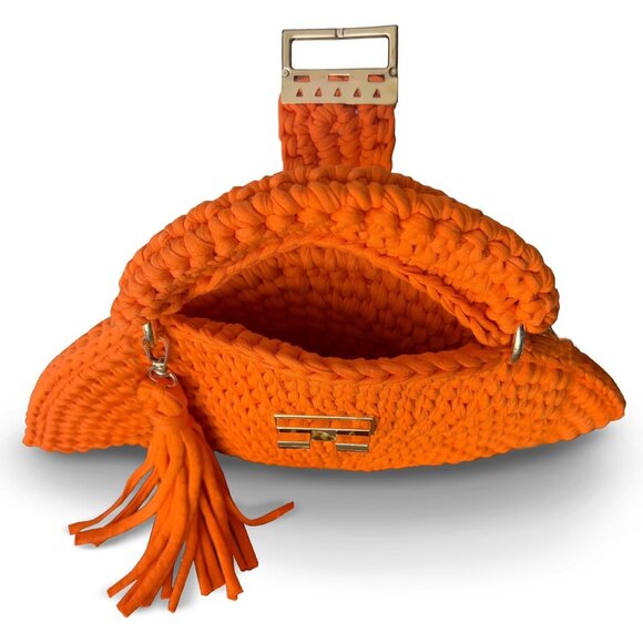 Women's Orange Handmade Crochet Evening Small Formal Flap Crossbody Clutch Bag - Picture 4 of 6